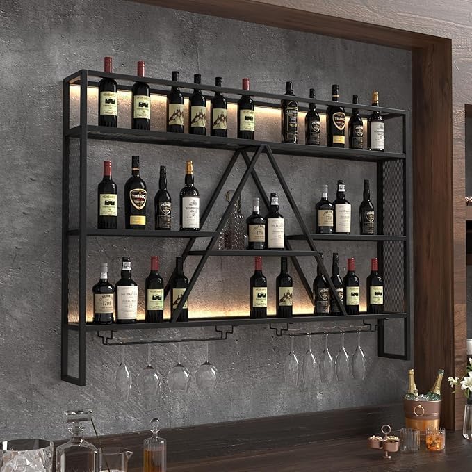 WEDGO Wall Mounted Wine Rack with LED Lights 47.2 Metal Bar Shelf for Liquor Bottles Wine Glass Display and Home Bar Storage Industrial Black Wall Mounted Bar Shelves