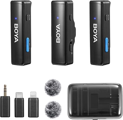 BOYA BOYALINK - Micrófono inalámbrico Lavalier para iPhoneAndroidcámara, sistema de micrófono dual de solapa todo en uno y entradas Lightning y