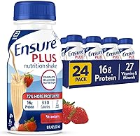 Ensure Plus Strawberry Nutrition Shake - Meal Replacement with 16g Protein, 27 Vitamins & Minerals, 350 Cal for Weight Gain - 8oz 24 Pack