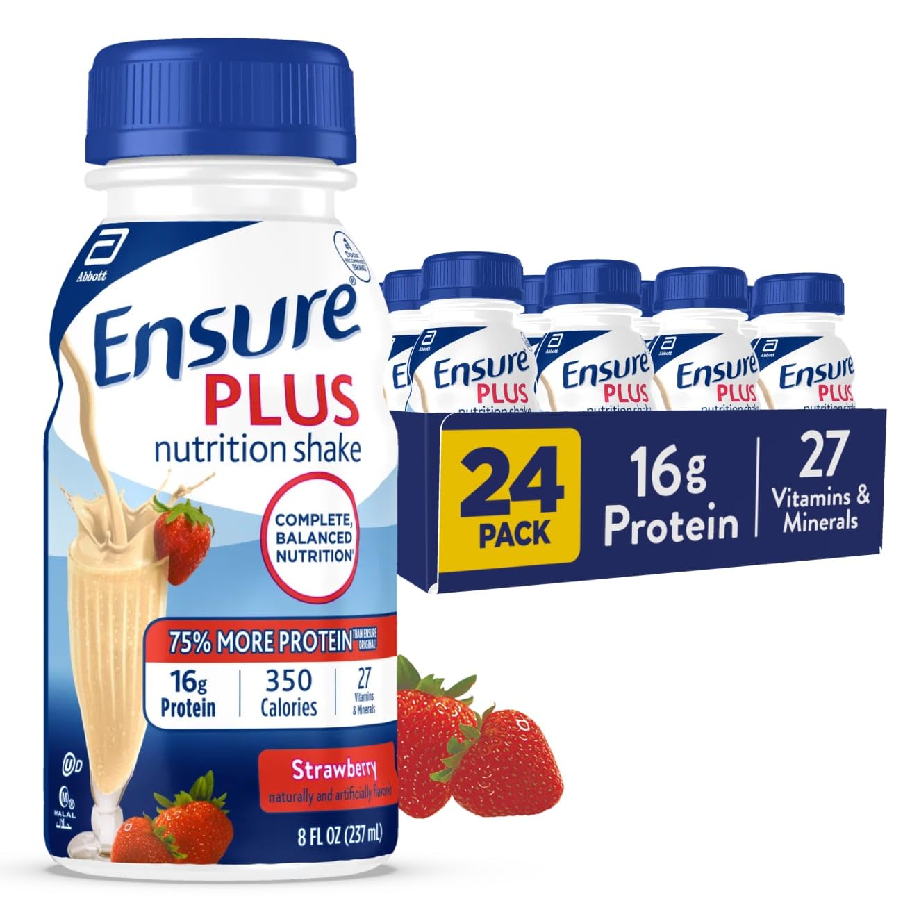 Ensure Plus Nutrition Shake with 16 Grams of Protein, Meal Replacement Shakes, Strawberry, 8 Fl Oz (Pack of 24)
