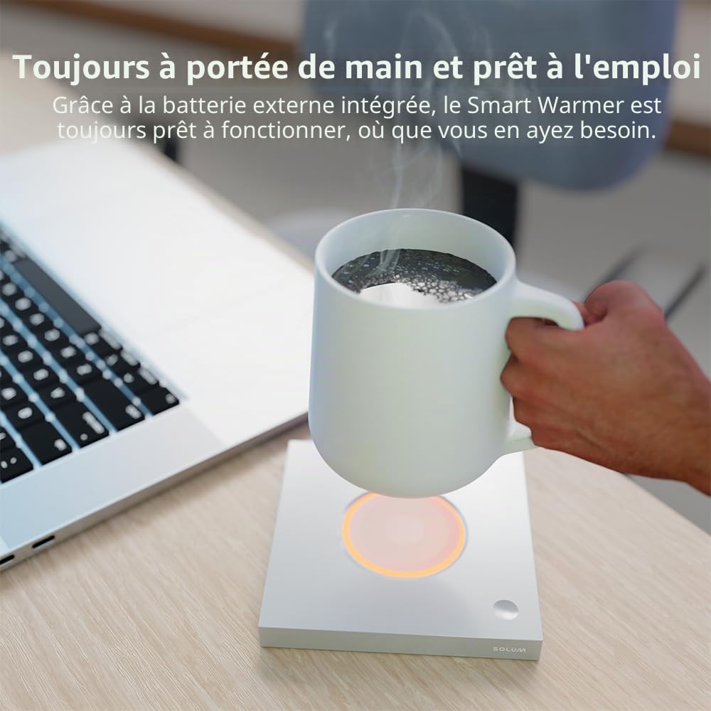 SOLUM Smart Warmer, Tasse chauffante, Blanc, 440 ML, 2 Heures de Fonctionnement sans Fil, pour Le Bureau et la Maison