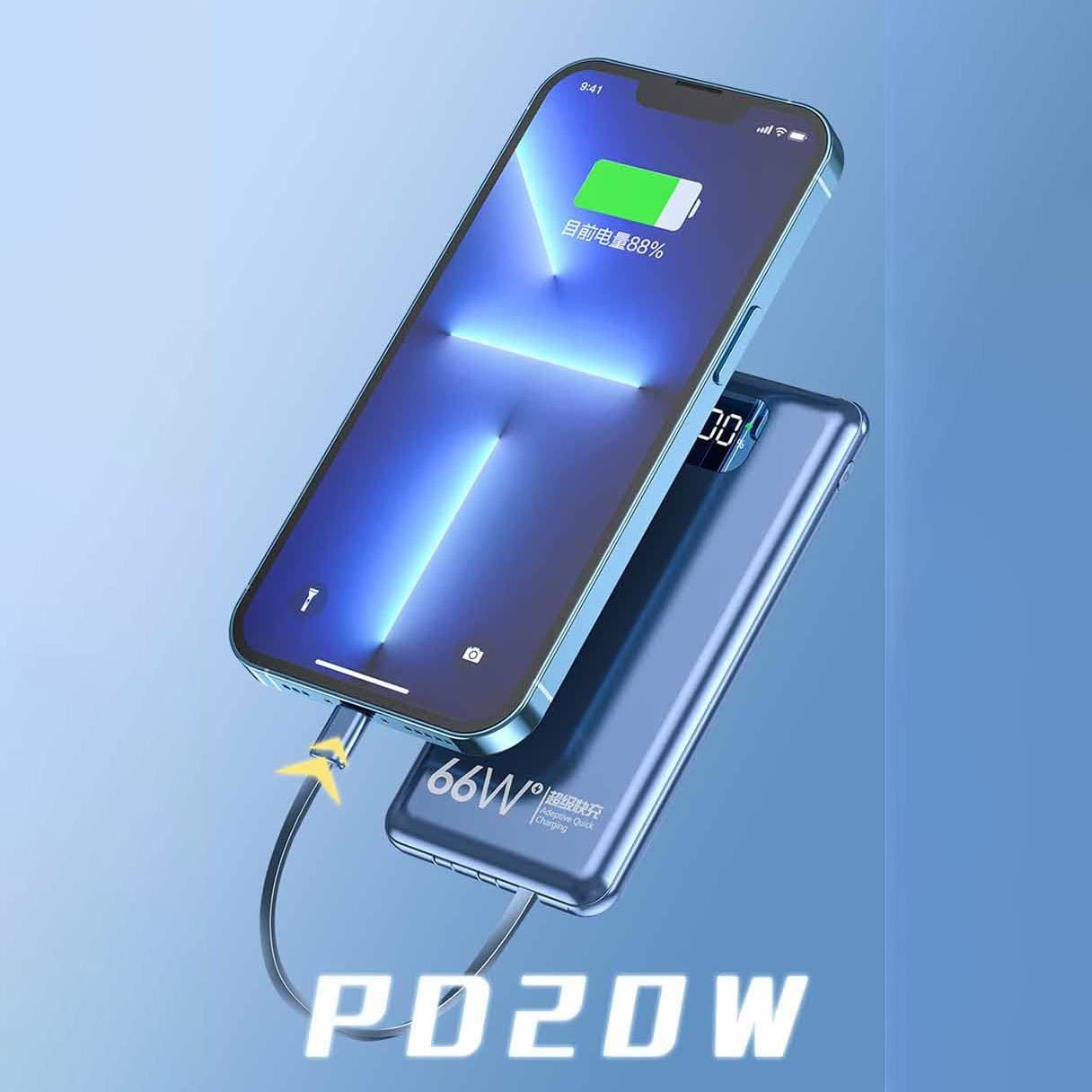 Banco de energía de 20 000 mAh, Cargador portátil con Cables Integrados, USB C, 3 Salidas y 2 entradas, Pantalla LED, Linterna, Cargador de teléfono, Paquete de batería, Azul