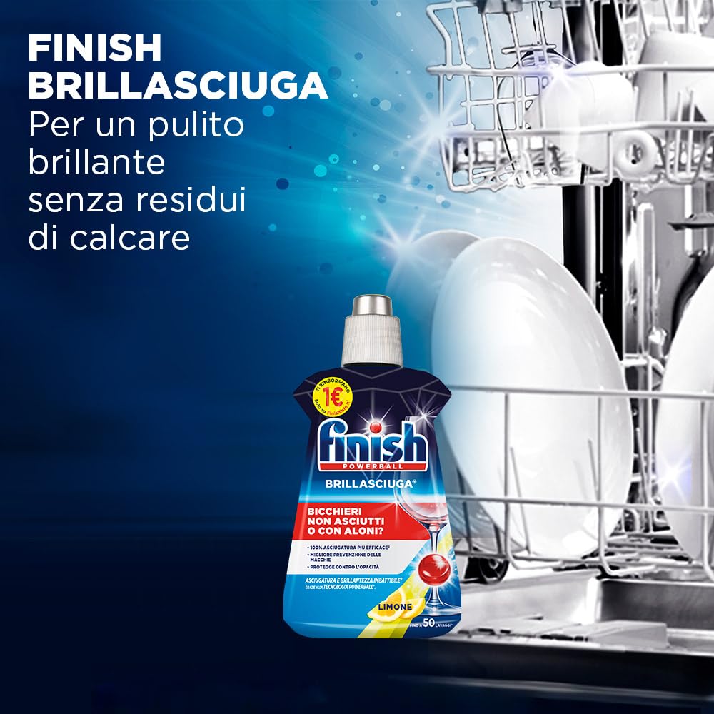 Finish Kit Lavastoviglie, 105 Pastiglie Ultimate PLUS Infinity Shine al Limone contro lo Sporco e i Residui Incrostati, 2 Brillantante Lemon da 500ml, 3 Curalavastoviglie al Limone da 250ml