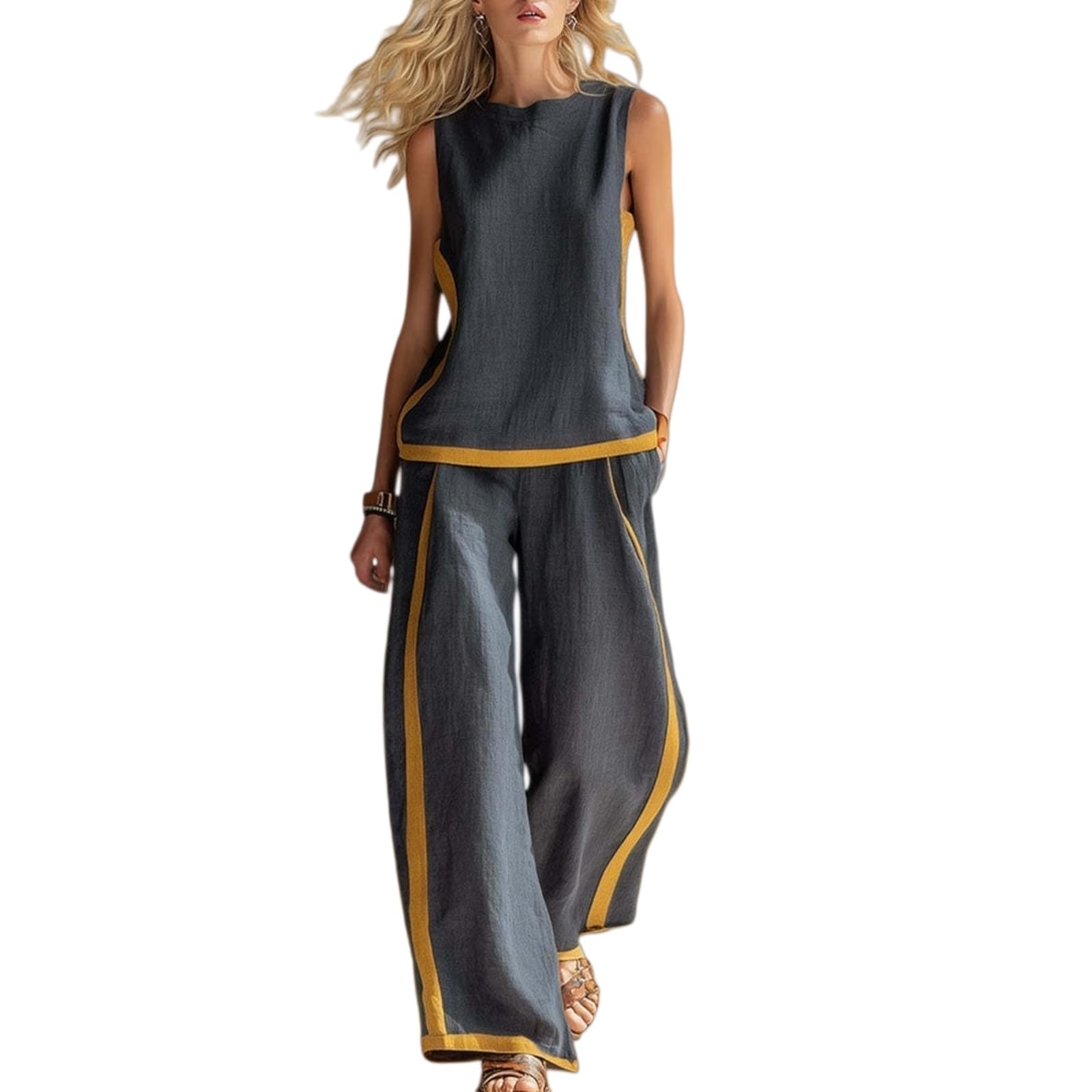 JSLOOO Womens Linen 2 Piece Sets Summer Sleeveless Crewneck Tank Tops Baggy Wide Leg Pants Color Block Set Vacation Outfits