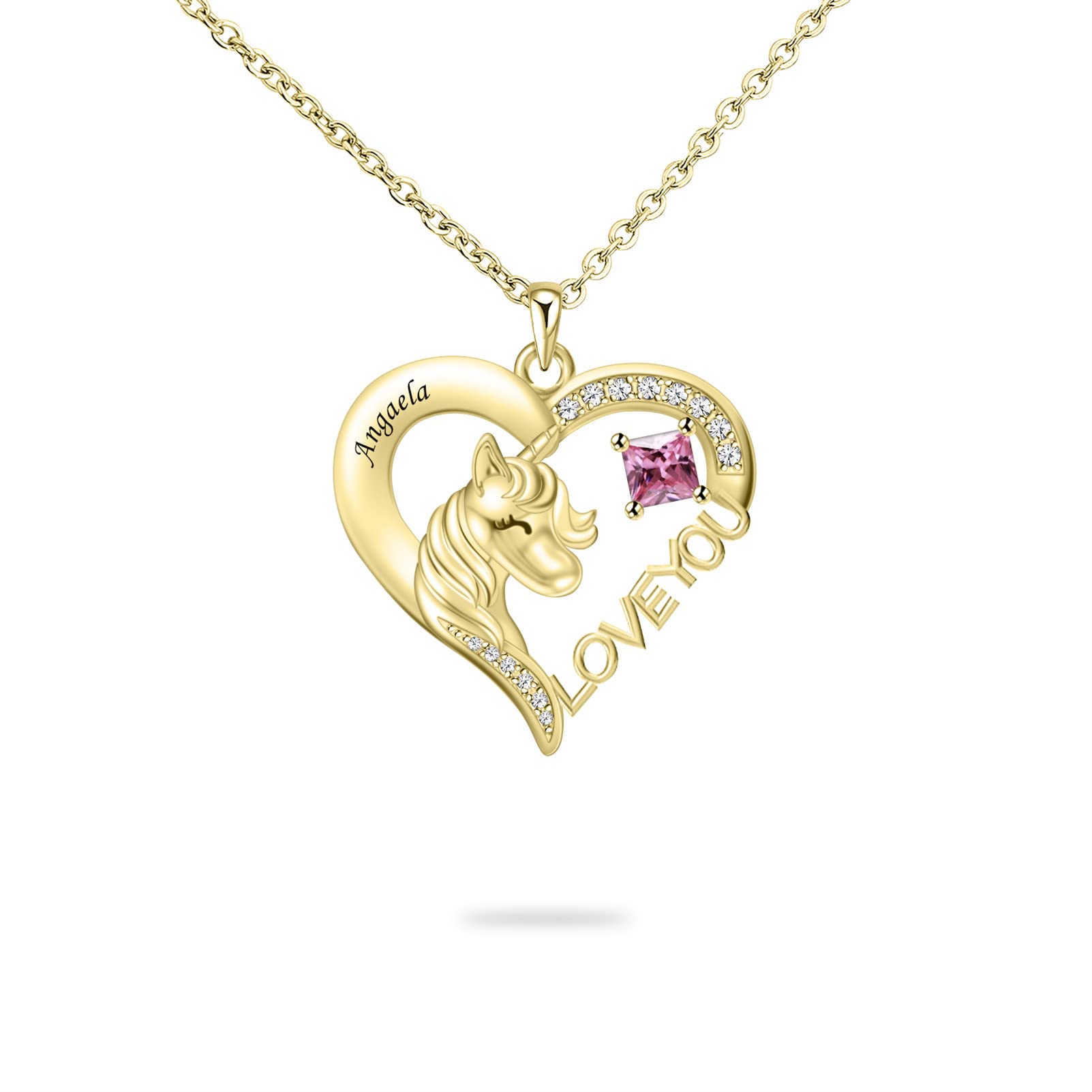 BAUMA AUTO Personalized Unicorn Necklace Engraved Name Pendant Necklace Crystal Heart Pendant Necklace Unicorn Jewelry Gift for Cute little Angel,