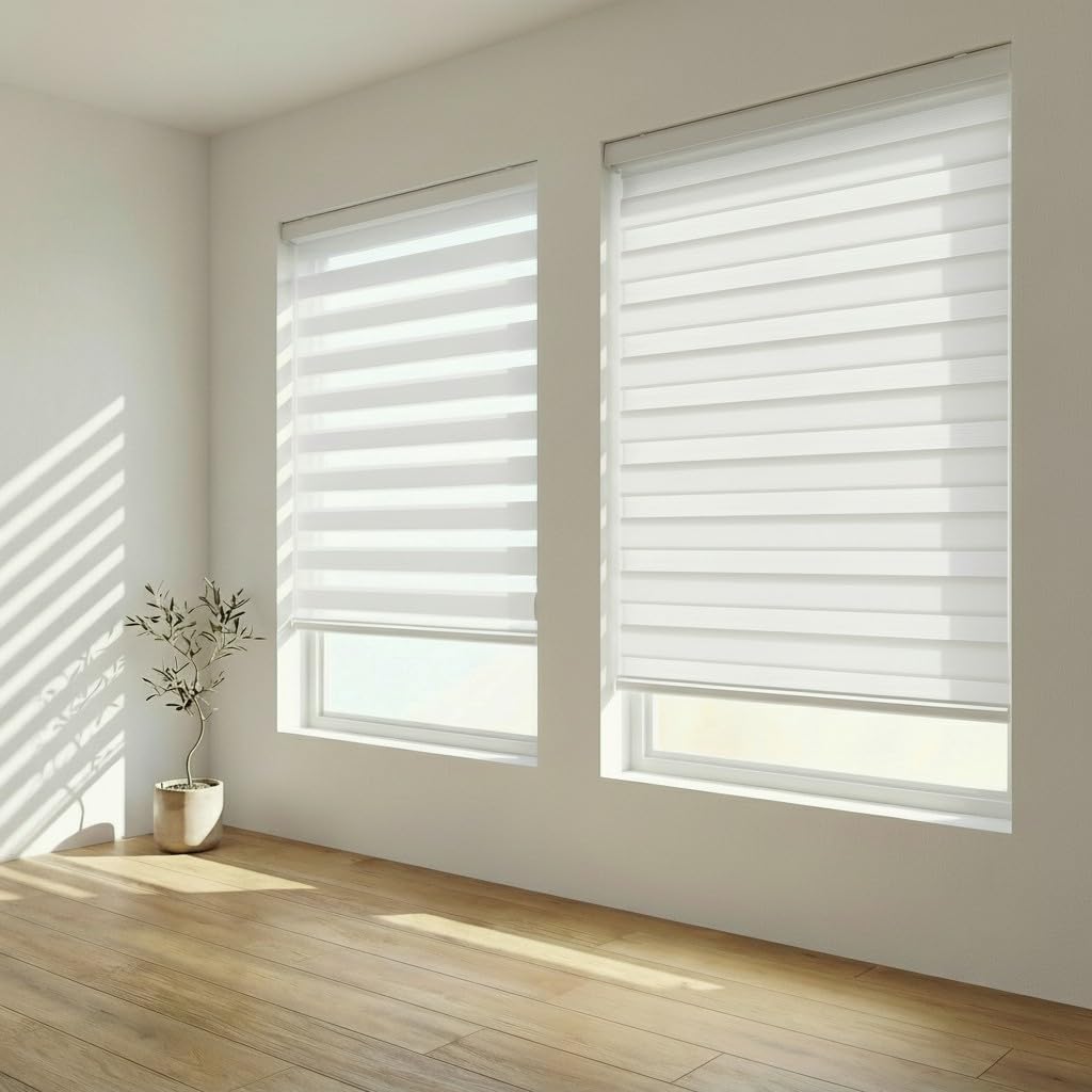 FOIRESOFT Standard Cordless Custom Zebra Roller Shades and Blinds [Basic, White, W 25 x H 48 inch] Dual Layer Sheer for Day and Night Light Control Privacy, 20 to 105 in Height