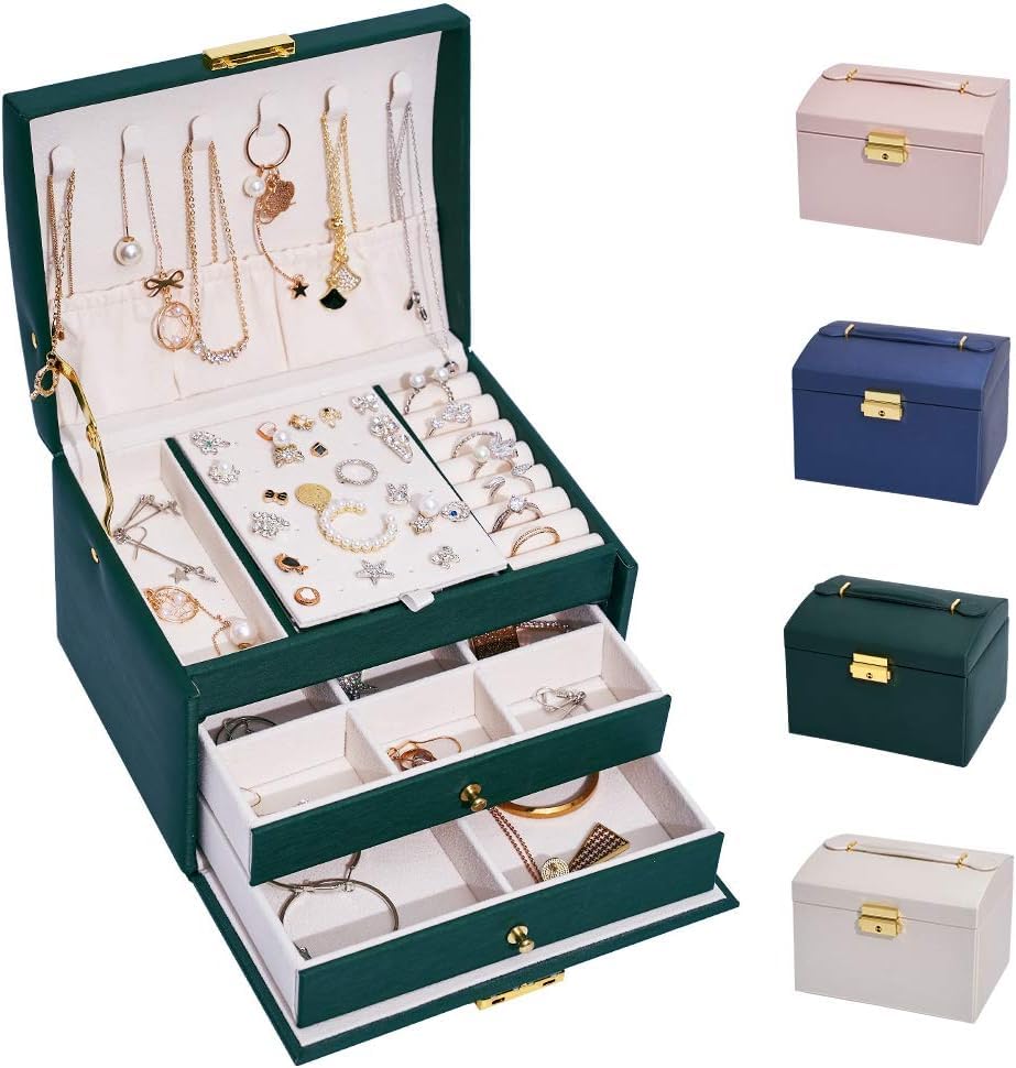 hombrima Schmuckschatulle, abschließbar, Schmuckschatulle für Damen, mit 2 Schubladen und 3 Ebenen, Aufbewahrung für Uhren, Halsketten, Ringe, Armbänder, Geschenkideen