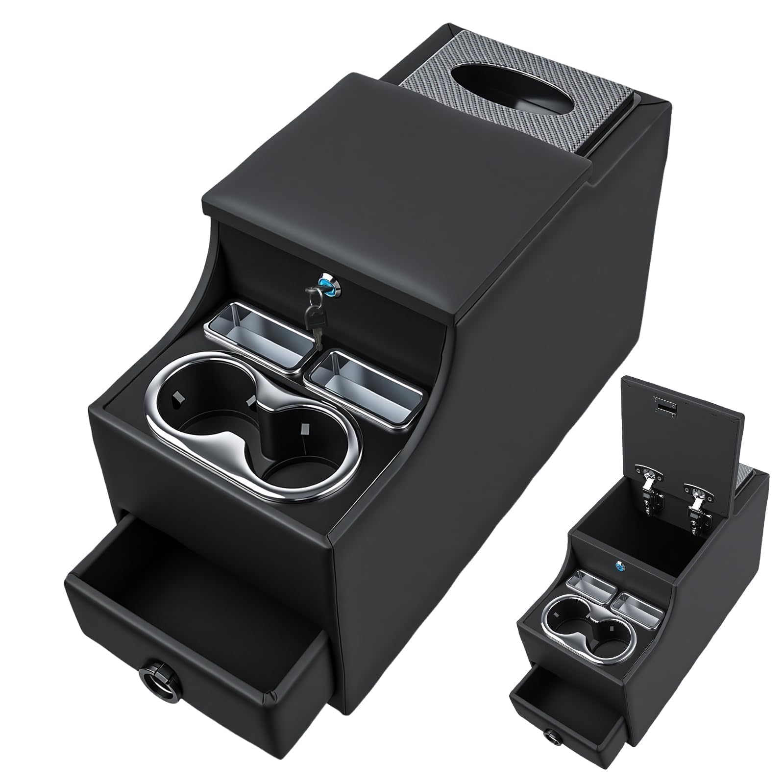 BGQG Center Console Between Seats for Minivans, SUVs, Middle Vans & Trucks with Locking & Tissue Box, 20 ''(L) × 9.84''(W) × 13''(H) Universal Floor Center Console(Black), No-Drill installal