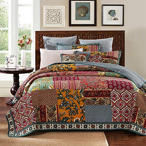 Yayiday Patchwork Cotton Bedspread Quilt Sets King Size Bohemian Pattern - Breathable Floral Quilted Blanket Reversible With Pillow Shams, Modern Stitched Coverlet (Red King) #TOP11