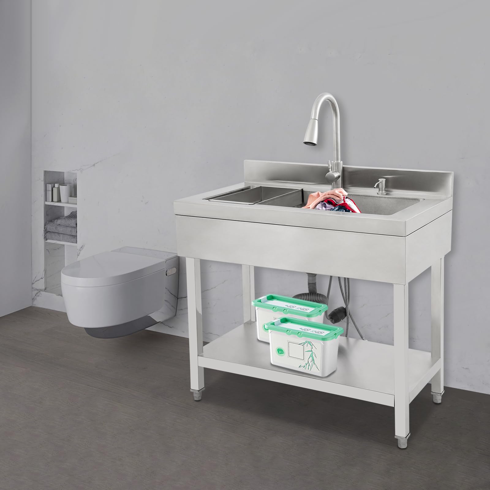 Lavello in acciaio INOX, lavandino da cucina a libera installazione, lavandino per bucato, 90x60x90 cm, lavandino singolo extra grande, lavandini commerciali con rubinetto estraibile e cestello