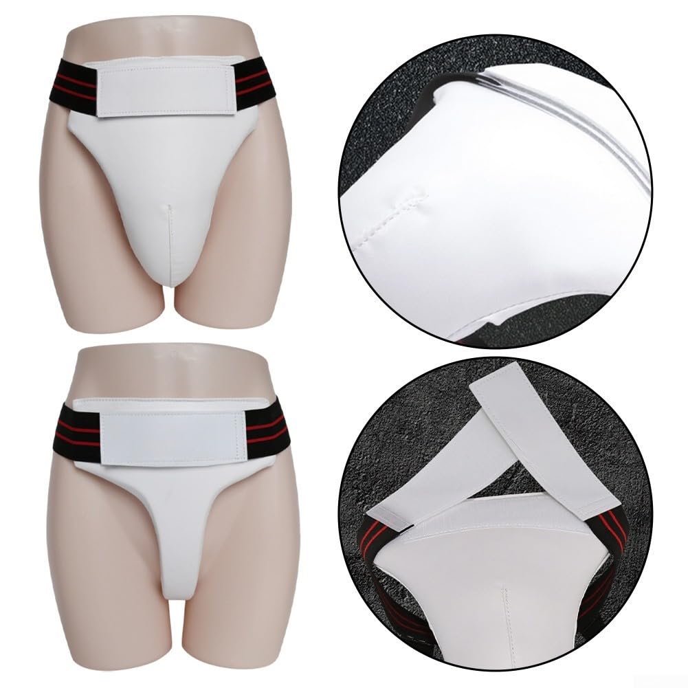 Protège-aine de boxe en cuir PU pour homme et femme – Sangles réglables Design bonnet profond pour entraînement Muay Thai Blanc Noir 23 cm