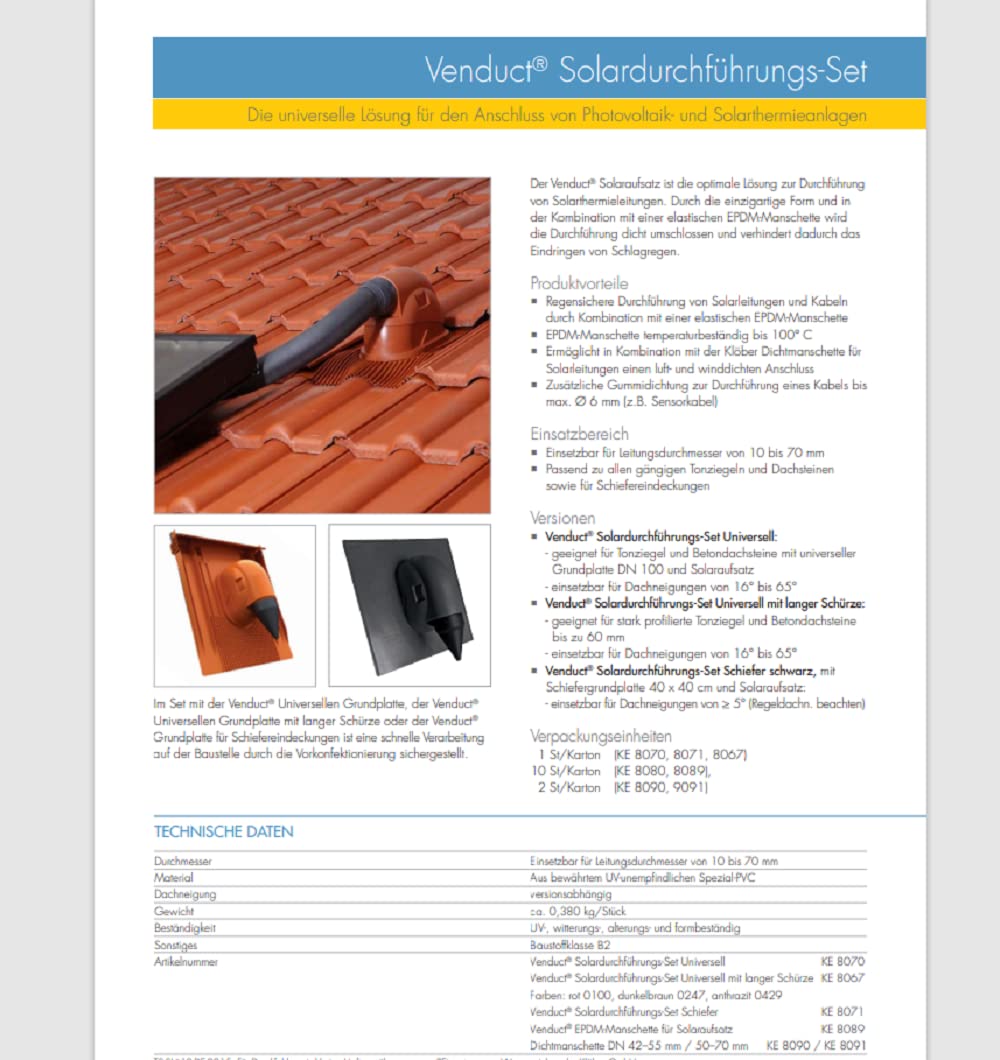 Klöber® Solardurchführungs Set Venduct rot Universal Dachdurchführung Solarleitung