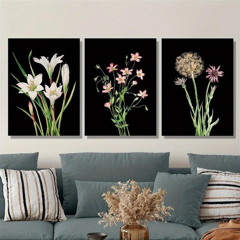 GOSRD Stampe artistiche su tela con fiori selvatici botanici, dipinti con fiori rosa, bianchi e viola su sfondo nero, per soggiorno, ufficio, decorazione della casa (50x75 cm, 3 pezzi)