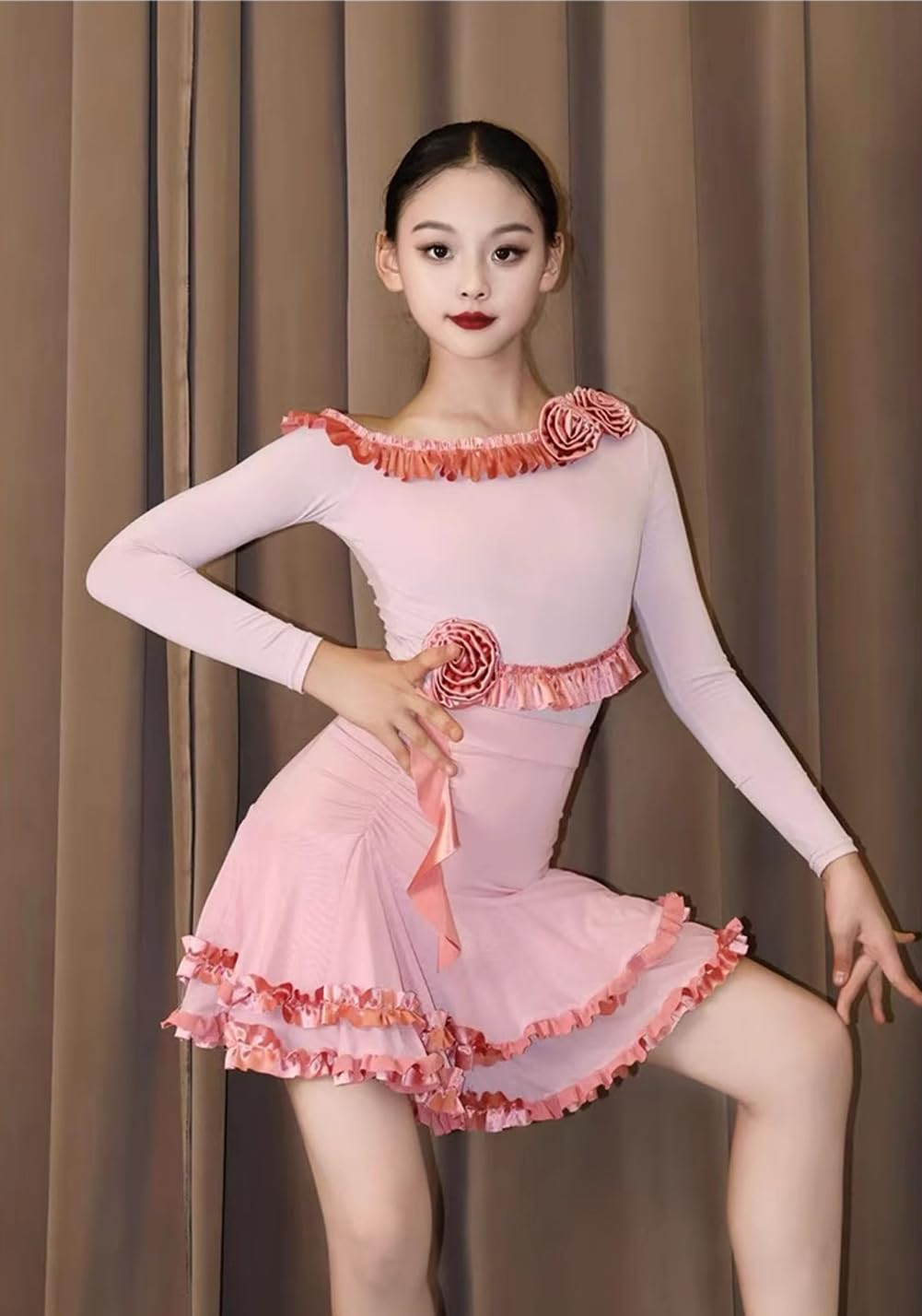 EFLALYHG Ropa de Baile para niñas y niños, Vestido de Baile Latino de Manga Larga para salón de Baile práctica actuaciones competición Disfraz