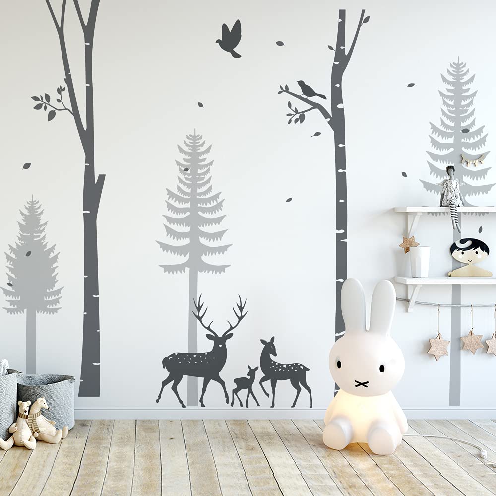 Alwayspon Kids/Girls Room Cute Northern Europe Grey Tree and Deer Wall Sticker, Removable Watercolor Wall Decals, Peel and Stick Wall Art Murals for Home Nursery Decoration Living Room Decor