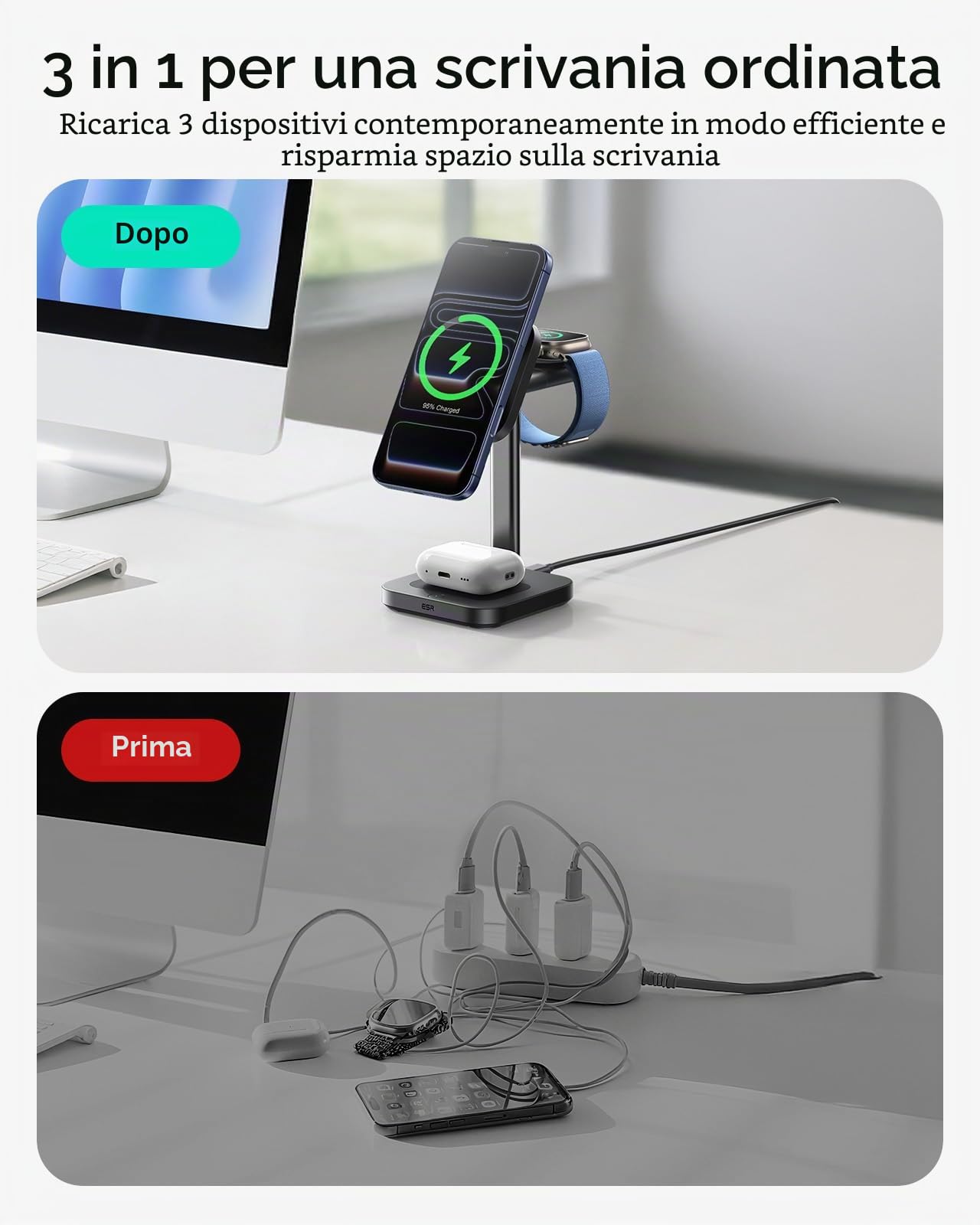 ESR Caricatore 3 in 1 per iPhone 17, Qi2.2 Caricatore Wireless per iPhone | Ricarica Induttiva da 25W con CryoBoost, Wireless Charger per iPhone 16 con iOS 26, Apple Watch, AirPods, Adattatore da 65W
