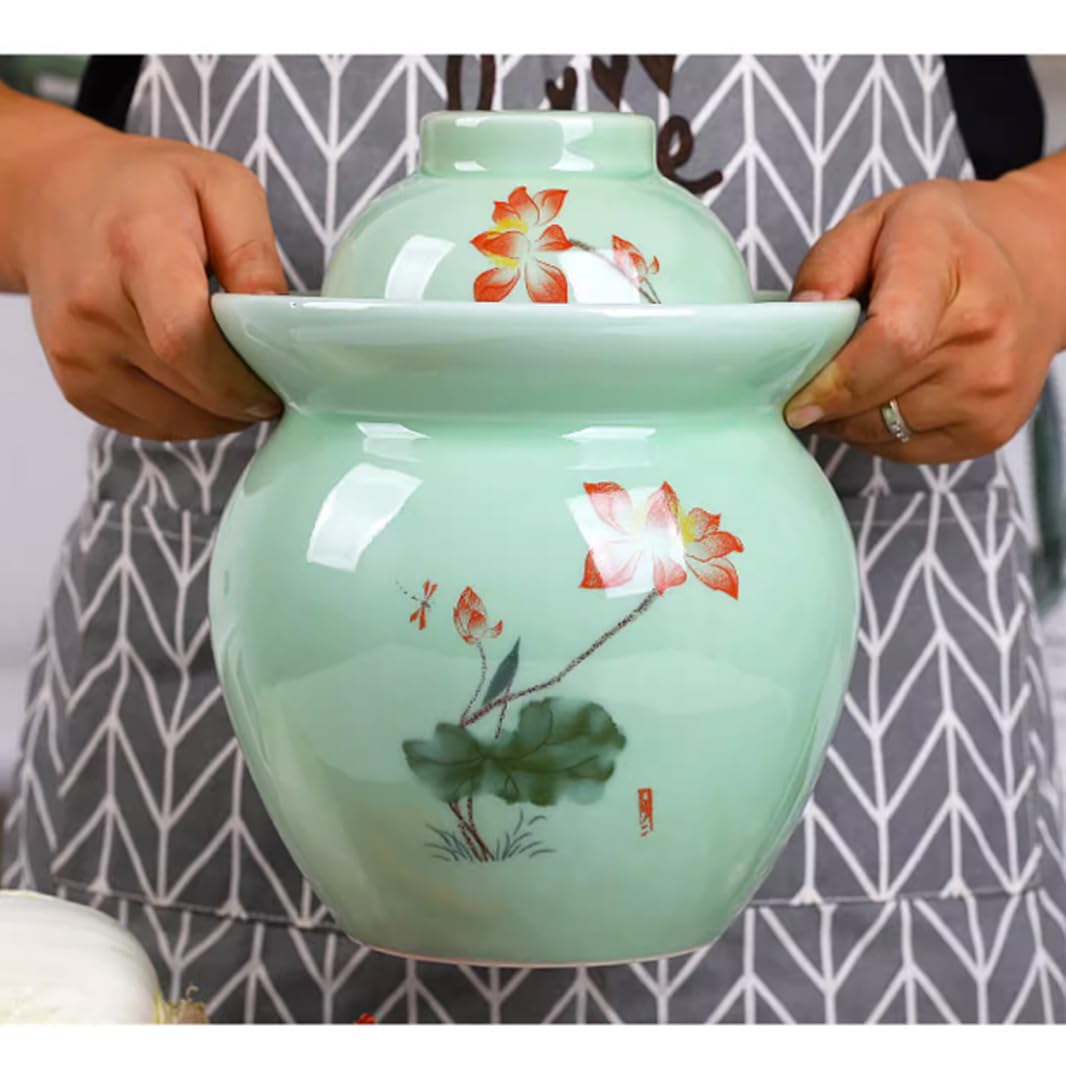 Duży ceramiczny słoik na marynaty z pokrywkami, zielony tradycyjny porcelanowy słoik do marynowania, ceramiczny garnek fermentacyjny z uszczelką wodną pokrywką śluzy powietrznej, garnek z
