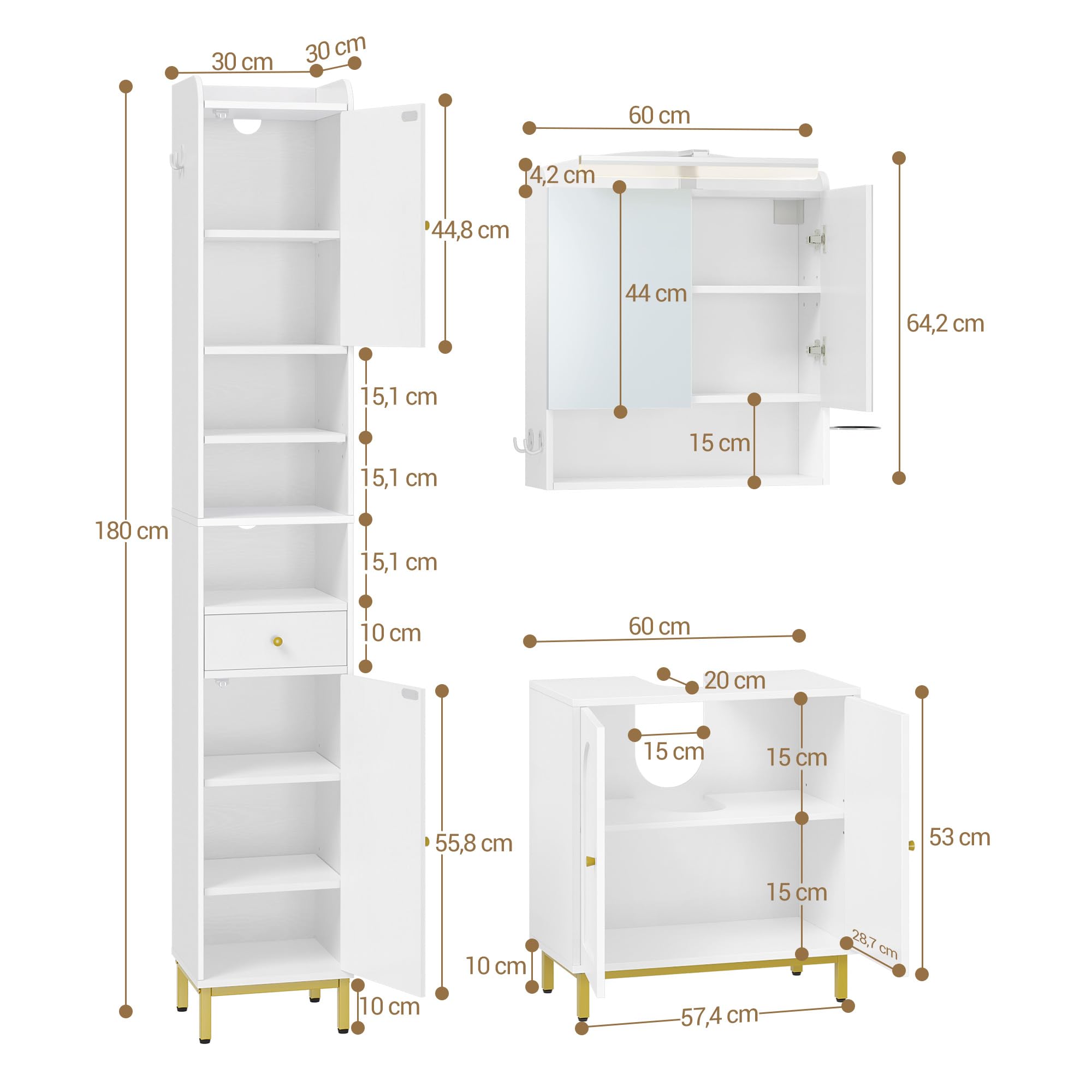 Hzuaneri Badmöbel-Set, Waschbeckenunterschrank 60 cm, Spiegelschrank mit LED-Beleuchtung und Badezimmerschrank Hochschrank, für Badezimmer, Toilette, Waschküche Weiß, BC11003XEU