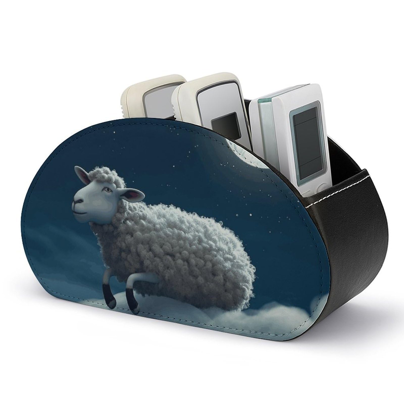 DWVTSLH Sheep Flying over The Moon Remote Control Holder with 5 Compartments - PU Leather TV Remote Holder Remote Caddy Desktop Organizer Makeup Brush Holder, Remote Storage Box for Home Office