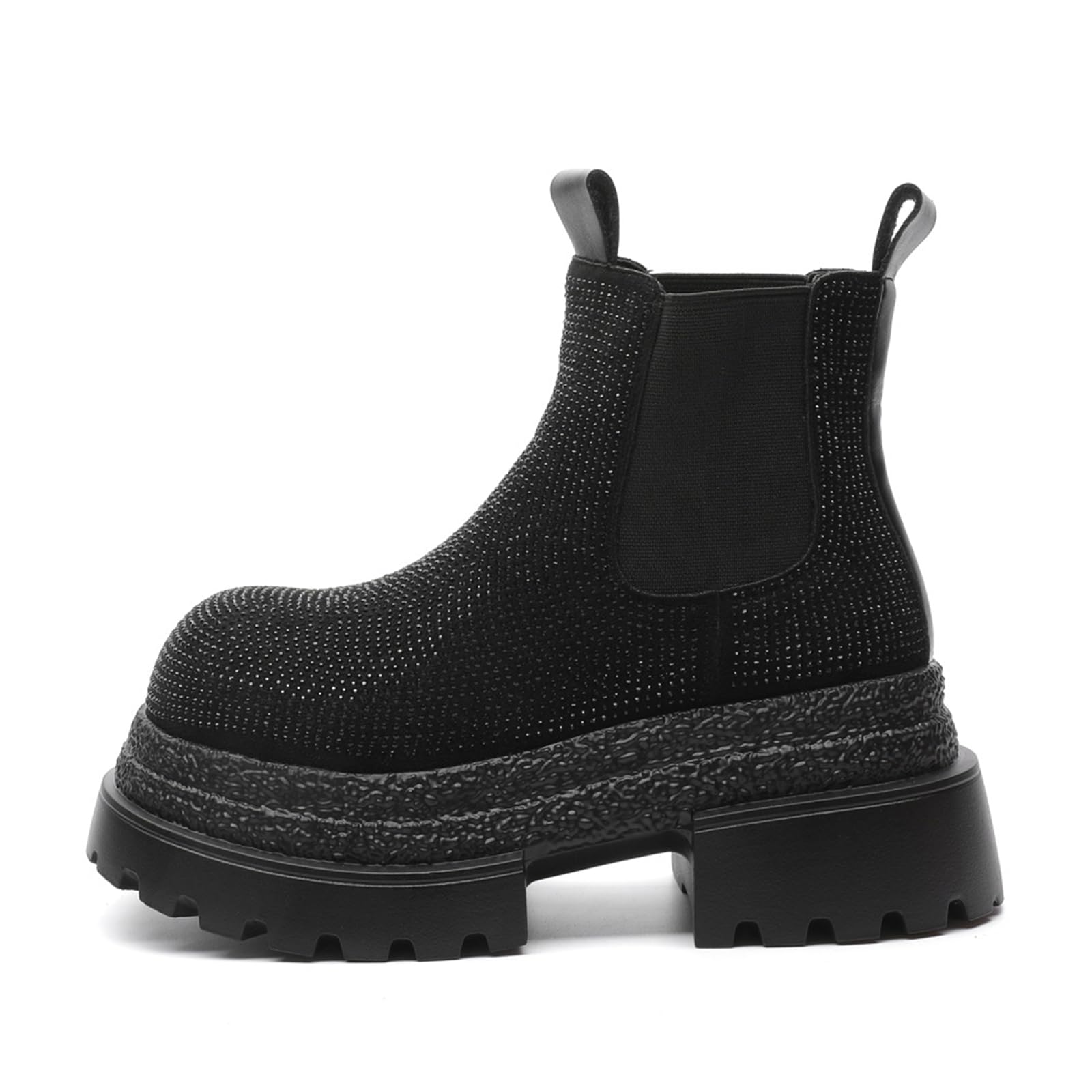 Womens Sparkly Chunky Platform Slip-On Ankle Boots Stylish Round Toe Block Heel Non-Slip Pull-On Party Ankle Boots