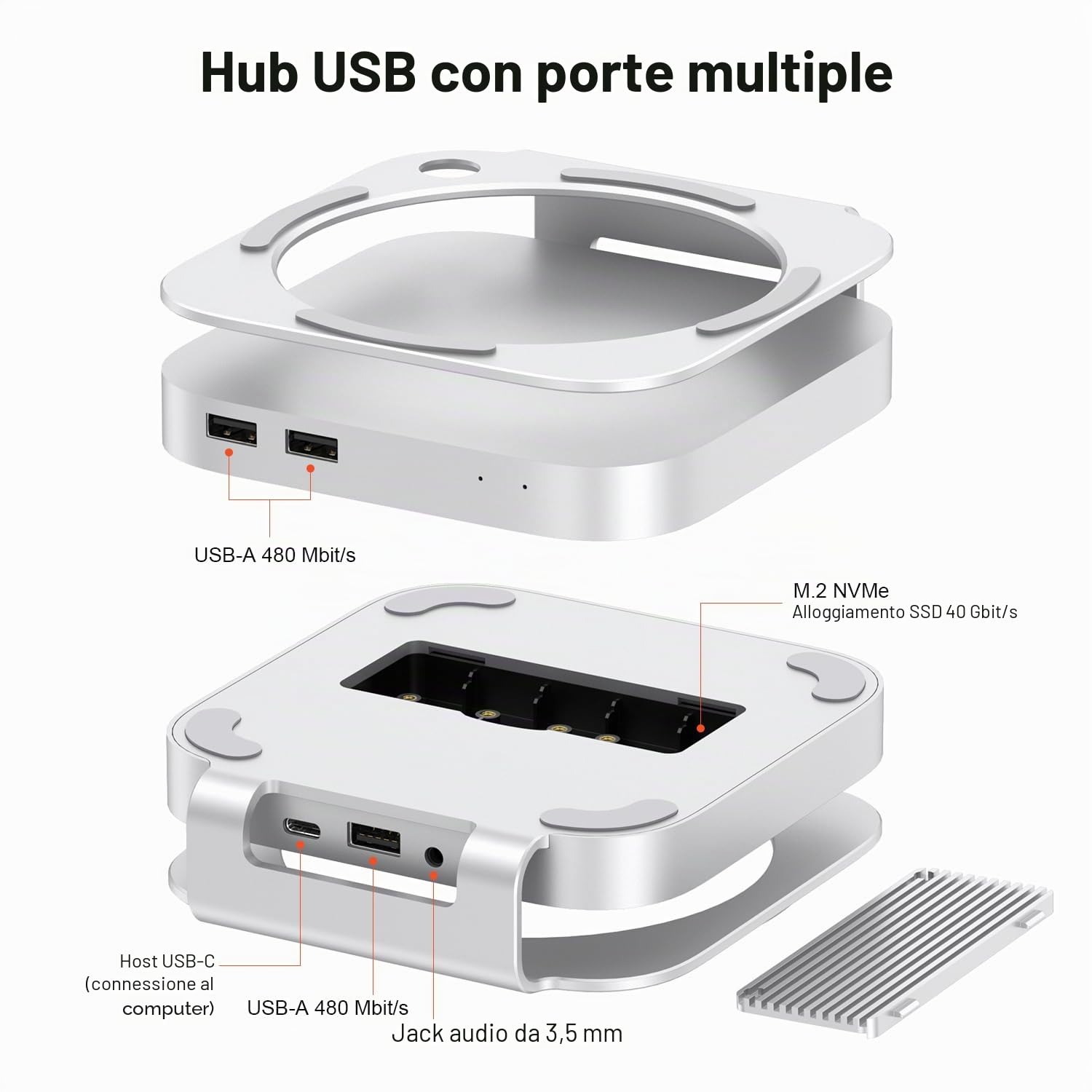 Qwiizlab Hub di supporto in alluminio con USB4 40Gbps Thunderbolt SSD Enclosure per Mac Mini M4/M4 Pro, 3 USB-A 2.0, supporta M.2 NVMe PCIe SSD fino a 8TB (argento)