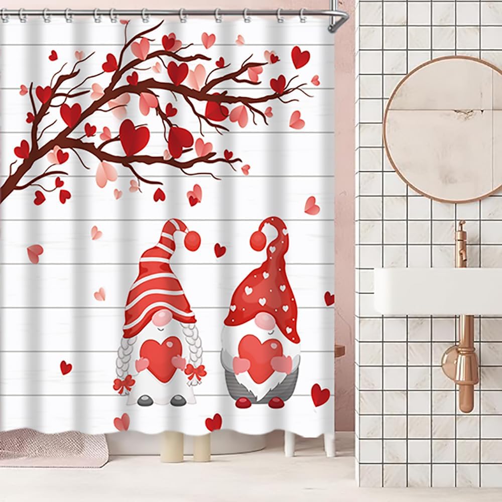 Valentine's Day Shower Curtain Rustic Farmhouse Fabric Shower Curtain Romantic Gnome Couple Red Heart Tree Valentine Shower Curtain Set for Bathroom Decor Waterproof with Hooks, 72"x72"