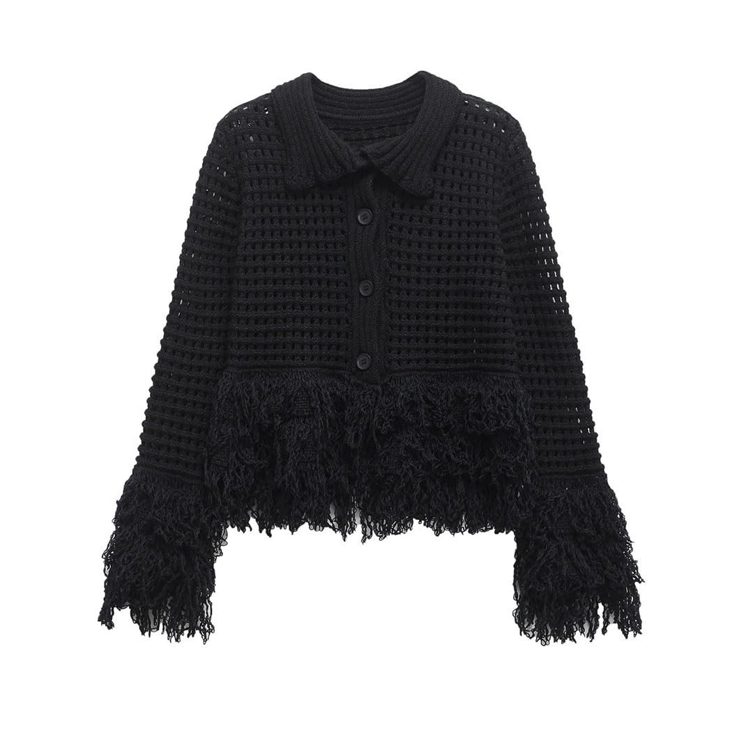 Women Turn-Down Collar Tassel Knit Cardigan Long Sleeve Vintage Spring Autumn Top
