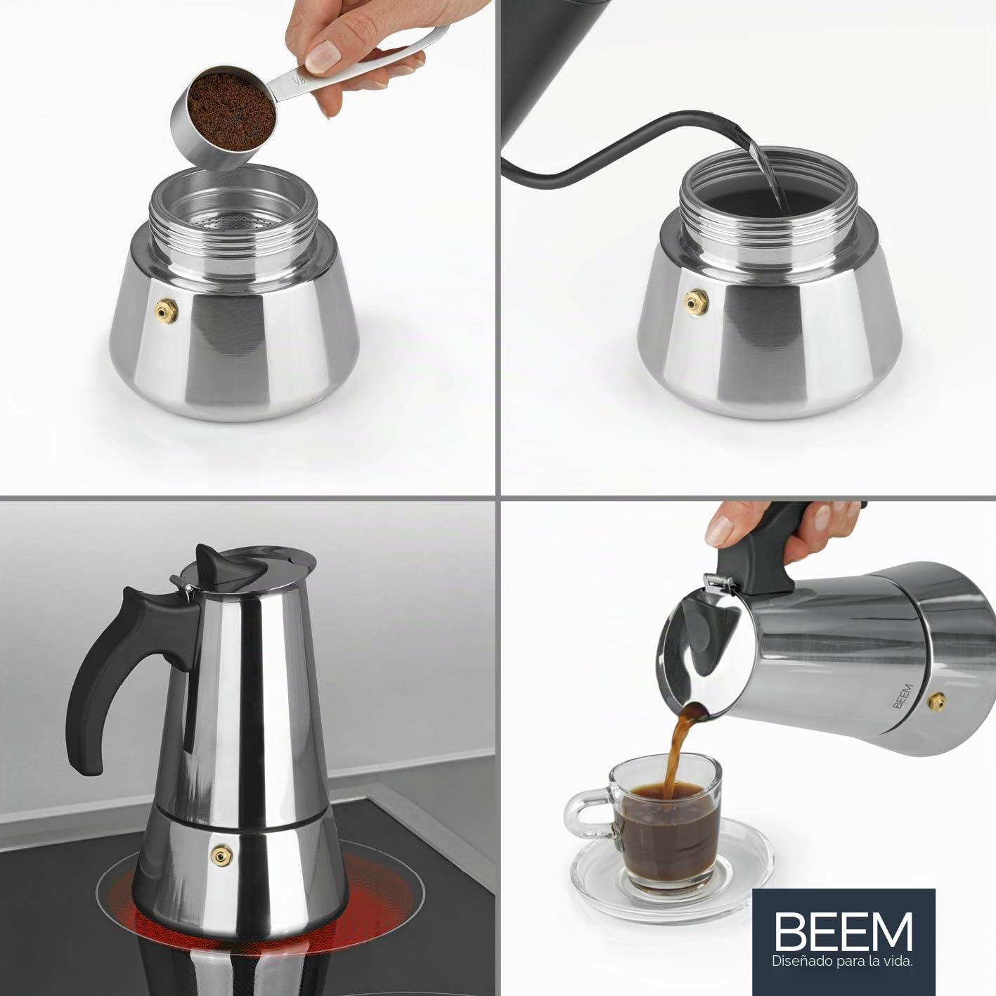 BEEM Cafetera italiana de acero inoxidable, 300 ml