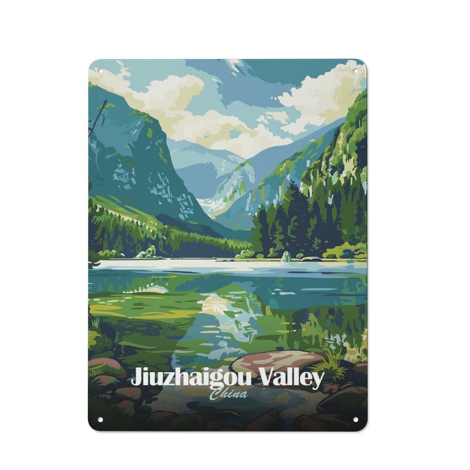 Junmoney Style-6 Metal Wall Plaque With Jiuzhaigou Valley, China Landscape Design 40X30cm, Retro Room Wall Plaque For Home, Shop, Pub Or Studio Wall