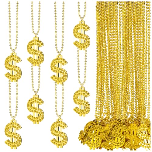 Gold Dollar Sign Necklace, Fake Money Chain Necklace, Jewelry Mardi Gras Beads Bling Gold Chain with Dollar Sign, for Hip Hop Men Rapper Costume Accessories