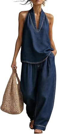 Women's 2 Piece Denim Outfits - Halter Neck Top & Wide Leg Pants