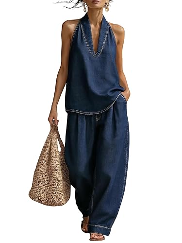 Women's 2 Piece Denim Outfits, Minimalist Halter Neck Top and