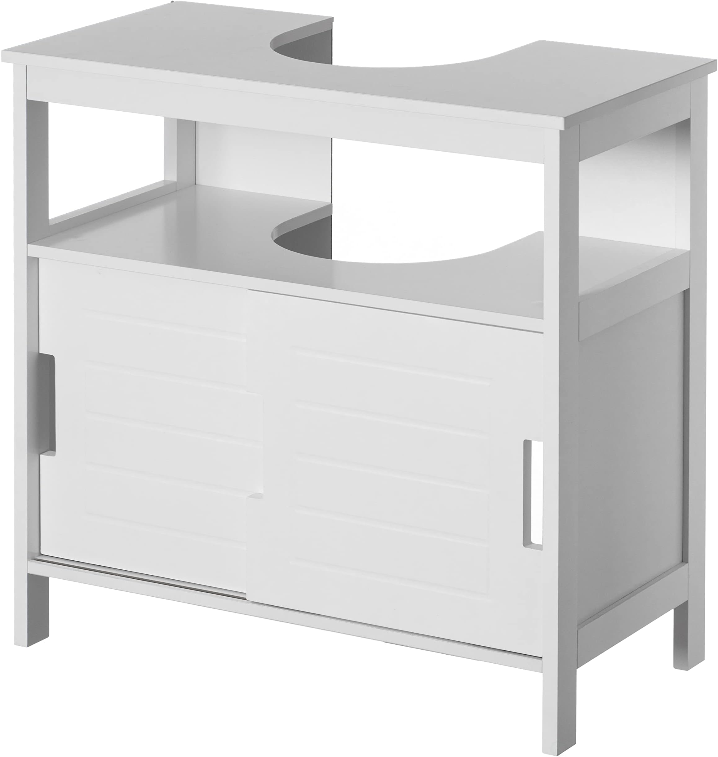 Basicwise White Vanity Sink Base 2 Cabinet Storage U Shape Organizer, Rolling Doors, and Open Shelf