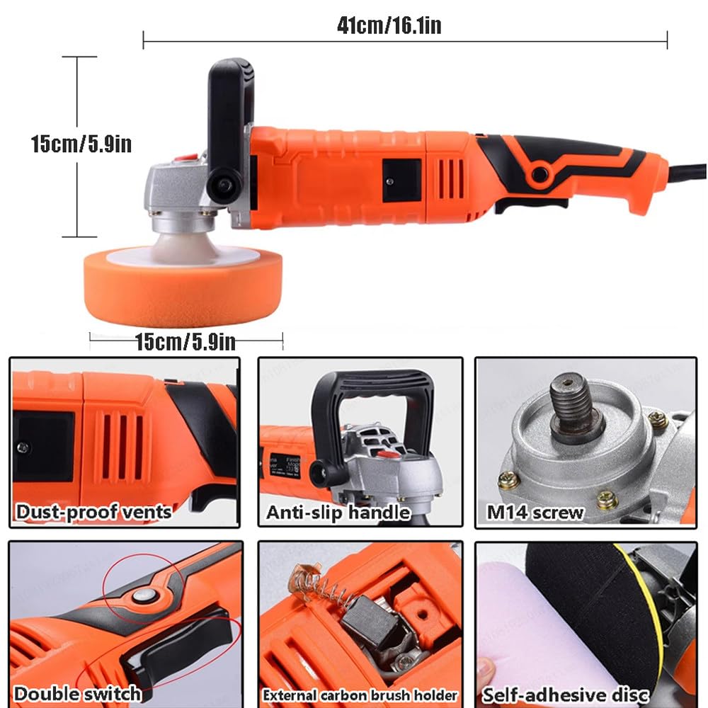 Pulidora rotativa de búfer, máquina de detalles de coche de 1580 W con 7 velocidades variables 500-3300 RPM, mango desmontable para encerar y pulir
