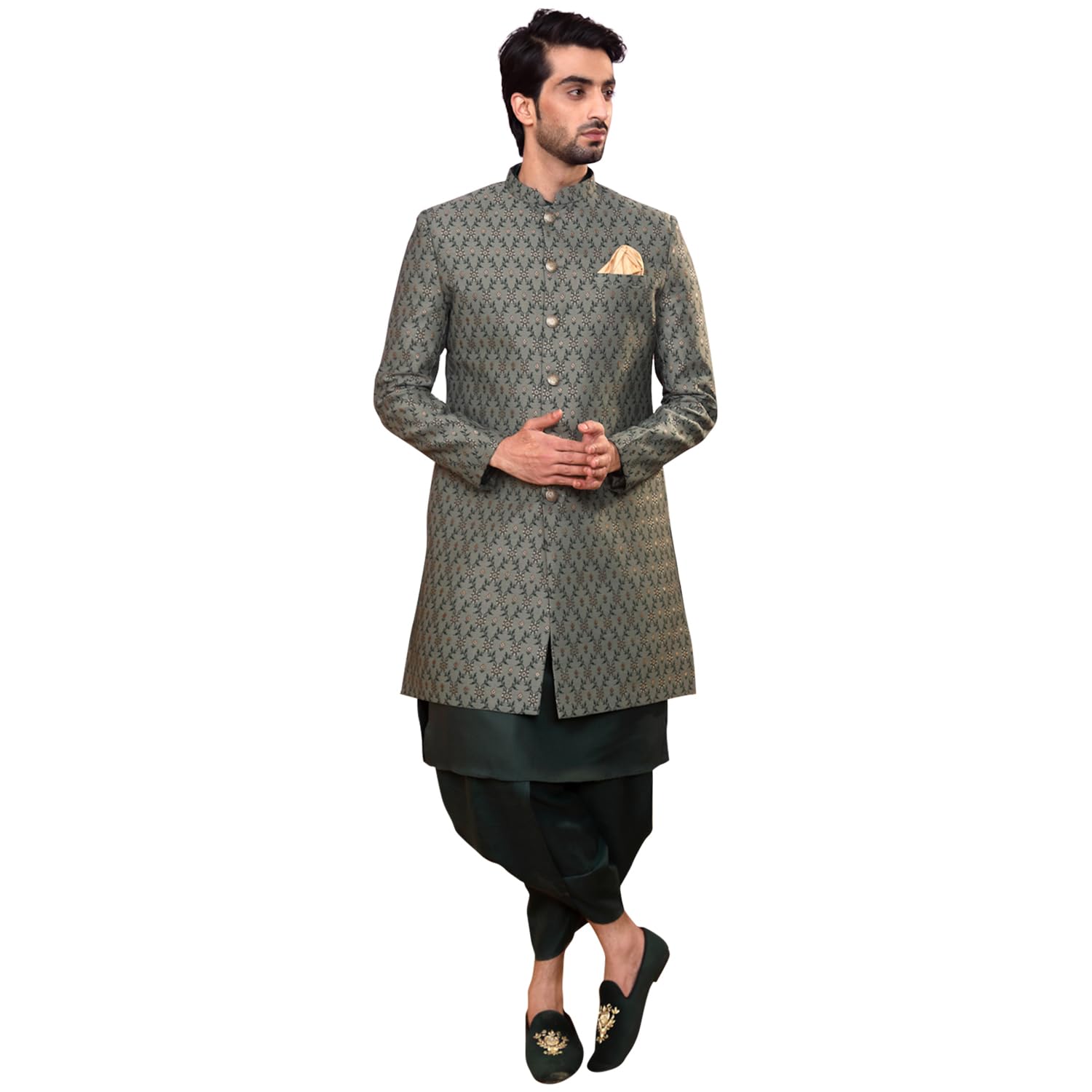 Kisah Men's Ethnic Wear Silk Blend Printed Regular Fit Green Kurta Indo-Western Sherwani Set Indo-Western|38