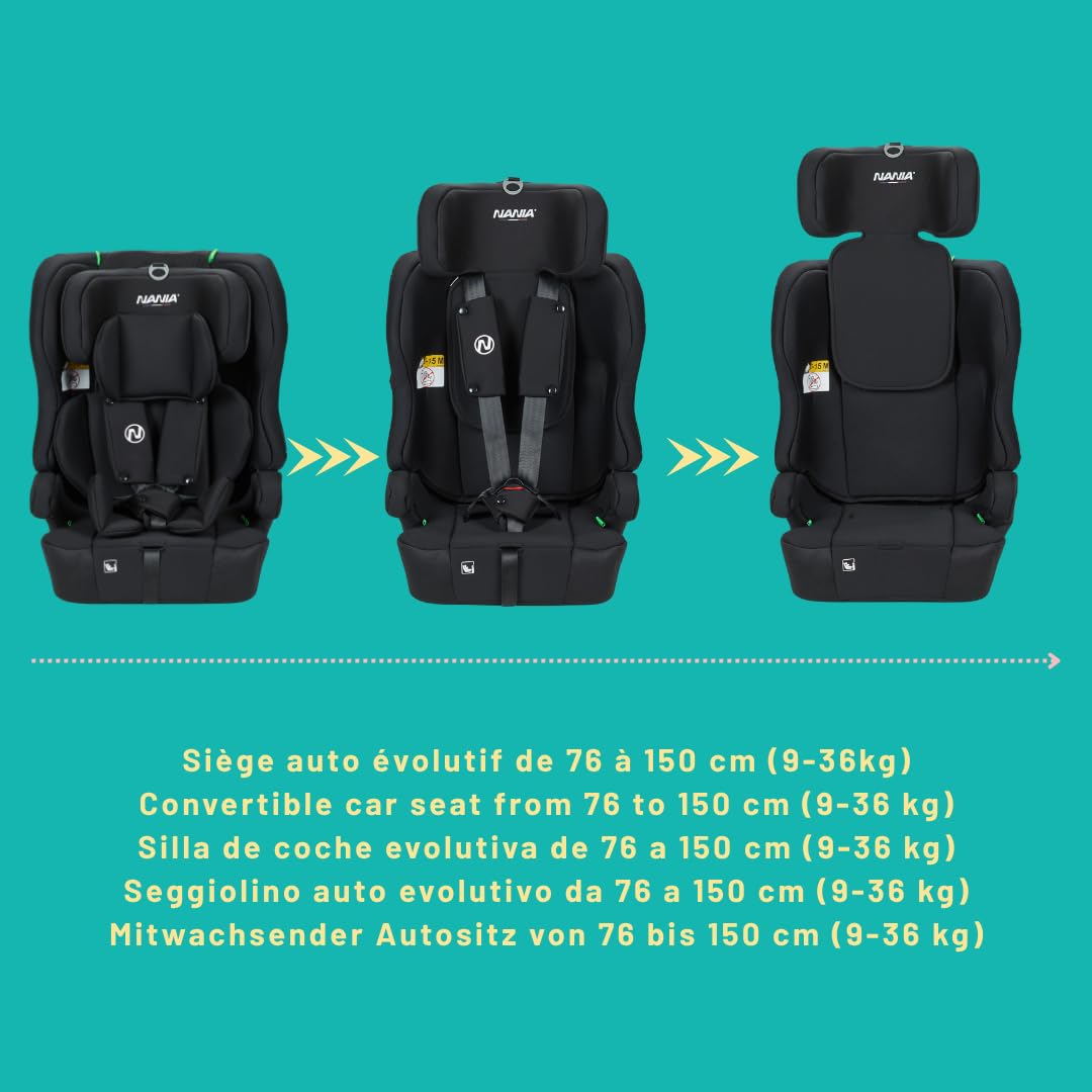 Nania - Asiento de coche infantil isofix Lima I-size 76-150 cm - Rupa 1/2/3 de 9 a 36 kg, 15 meses a 12 años, cabezal ajustable, arnés de seguridad de 5 puntos, funda extraíble, fijación Isofix
