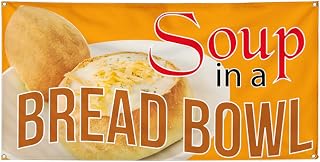 Vinyl Banner Multiple Sizes Soup in A Bread Bowl Advertising Printing Food & Beverage Outdoor Weatherproof Industrial Yard Signs Yellow 4 Grommets 16x40Inches