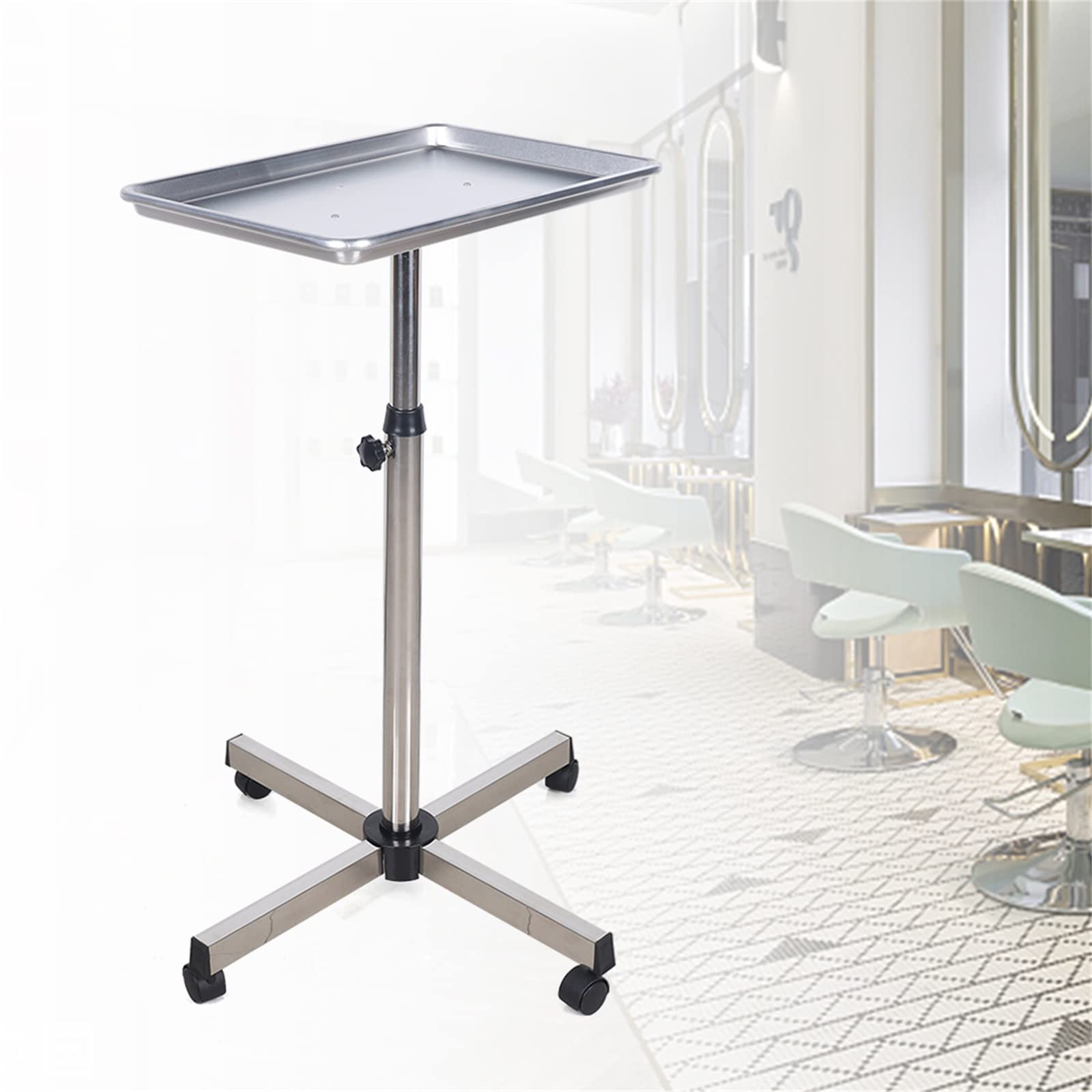 MINRS Carro de peluquería con bandeja de tatuaje para salón, bandeja de salón, altura ajustable, carrito de salón con ruedas, carrito de salón para spa, barbería, clínica, color plateado