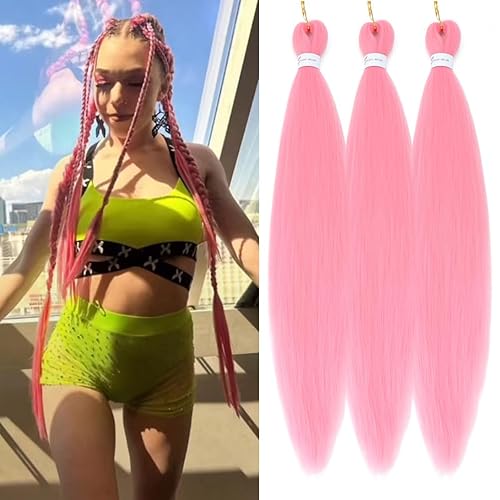 Extensiones de cabello trenzado color rosa, cabello sintético preestirado, cabello trenzado de color, cabello de ganchillo preestirado (3 paquetes,