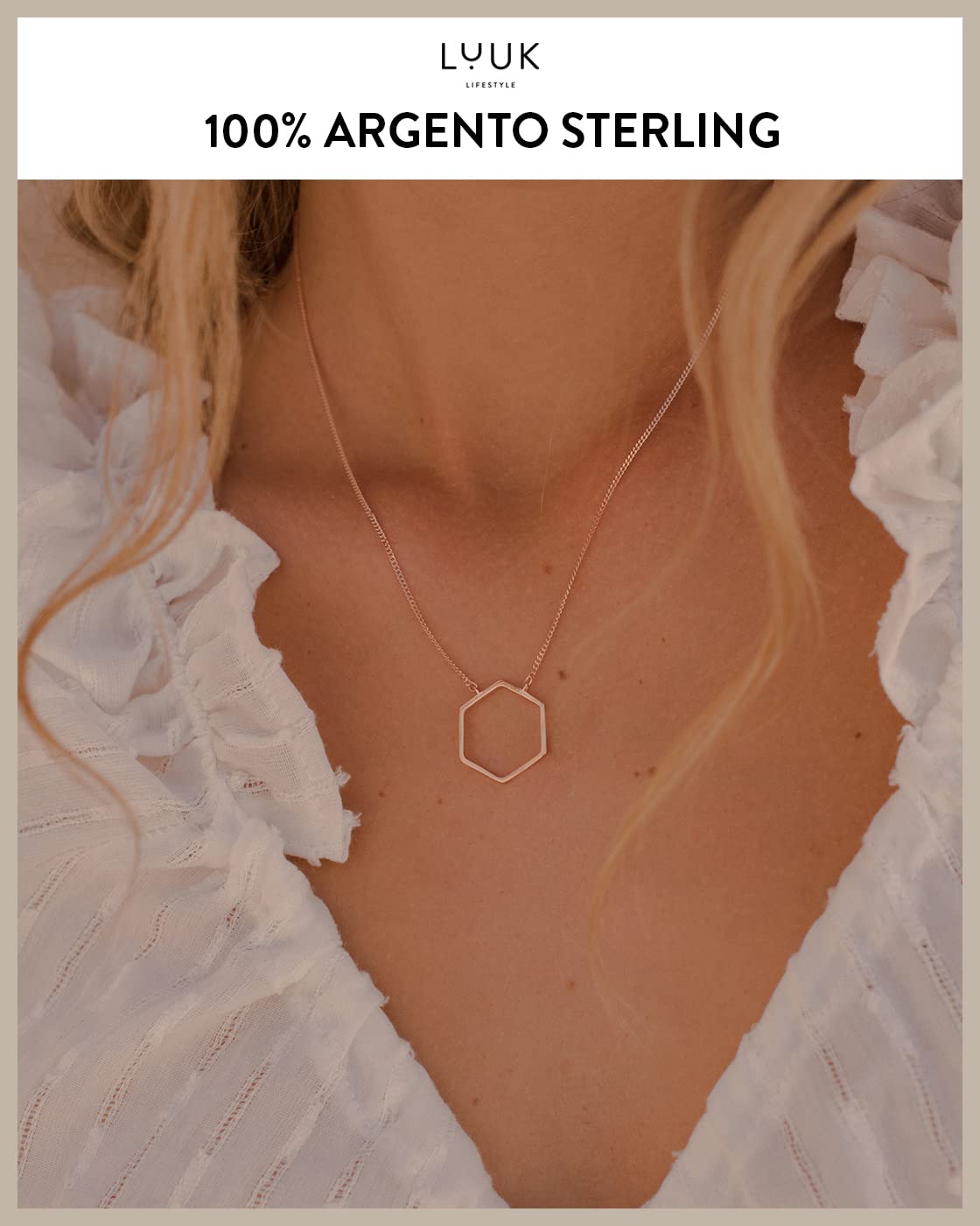LUUK LIFESTYLE Collana in argento 925 con ciondolo ad anello, esagono, quadrato, cerchio, portafortuna e dedica SIMPLICITY, argento, oro, rosa