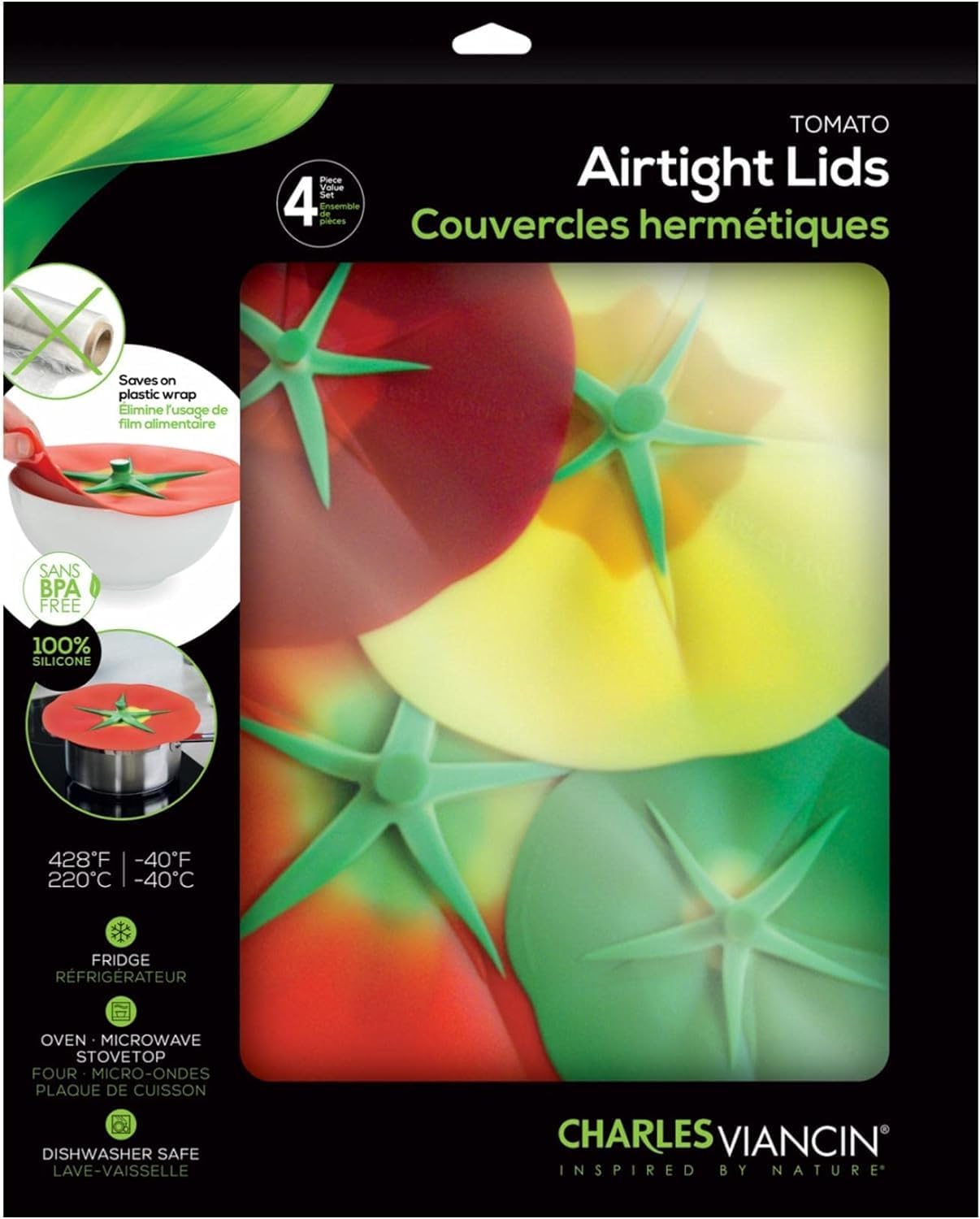 Charles Viancin - Tomato Silicone Lid for Food Storage and Cooking - 11''/28cm - Airtight Seal on Any Smooth Rim Surface - BPA-Free - Oven, Microwave, Freezer, Stovetop and Dishwasher Safe 4 Piece Gift Set