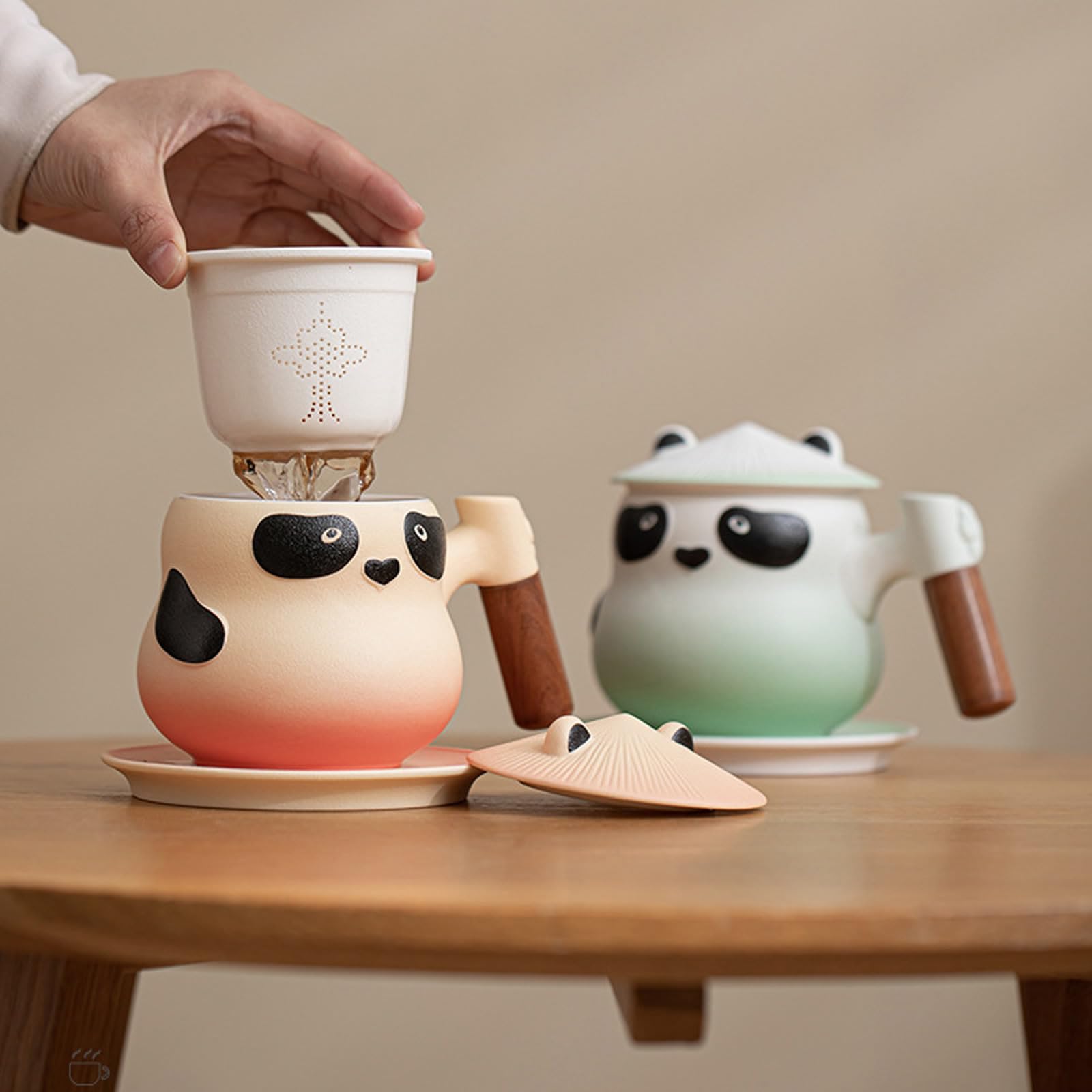 Ceramiczny kubek panda,Filiżanka do herbaty z zaparzaczem i pokrywką,Kubek biurowy,Pojedyncza filiżanka,Uroczy,360ml,Wielokrotnego użytku,Prezenty dla zakochanych (Zielony, Prezentowe)