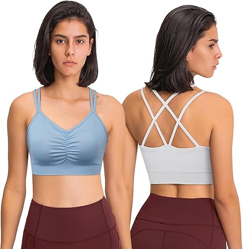 Miniatura 2 de Women's Cross Back Sports Bras Ruched Sports Bra Medium Support Removable Padded Yoga Bra for Workout Running 3 Pack