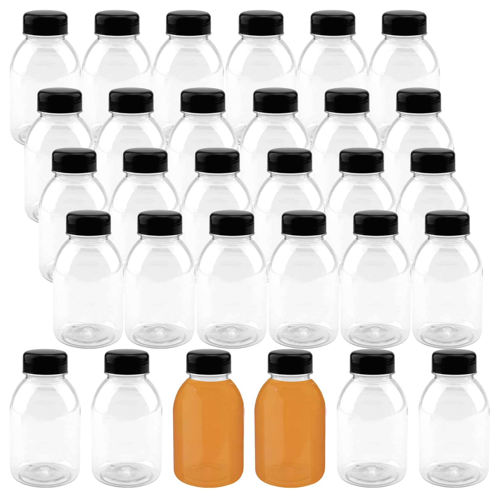 Lot de 30 récipients transparents réutilisables de 250 ml pour jus et autres boissons, 6,5 x 11,5 cm, bouteille de jus en plastique 250ml avec couvercles noirs, bouteilles plastiques vides
