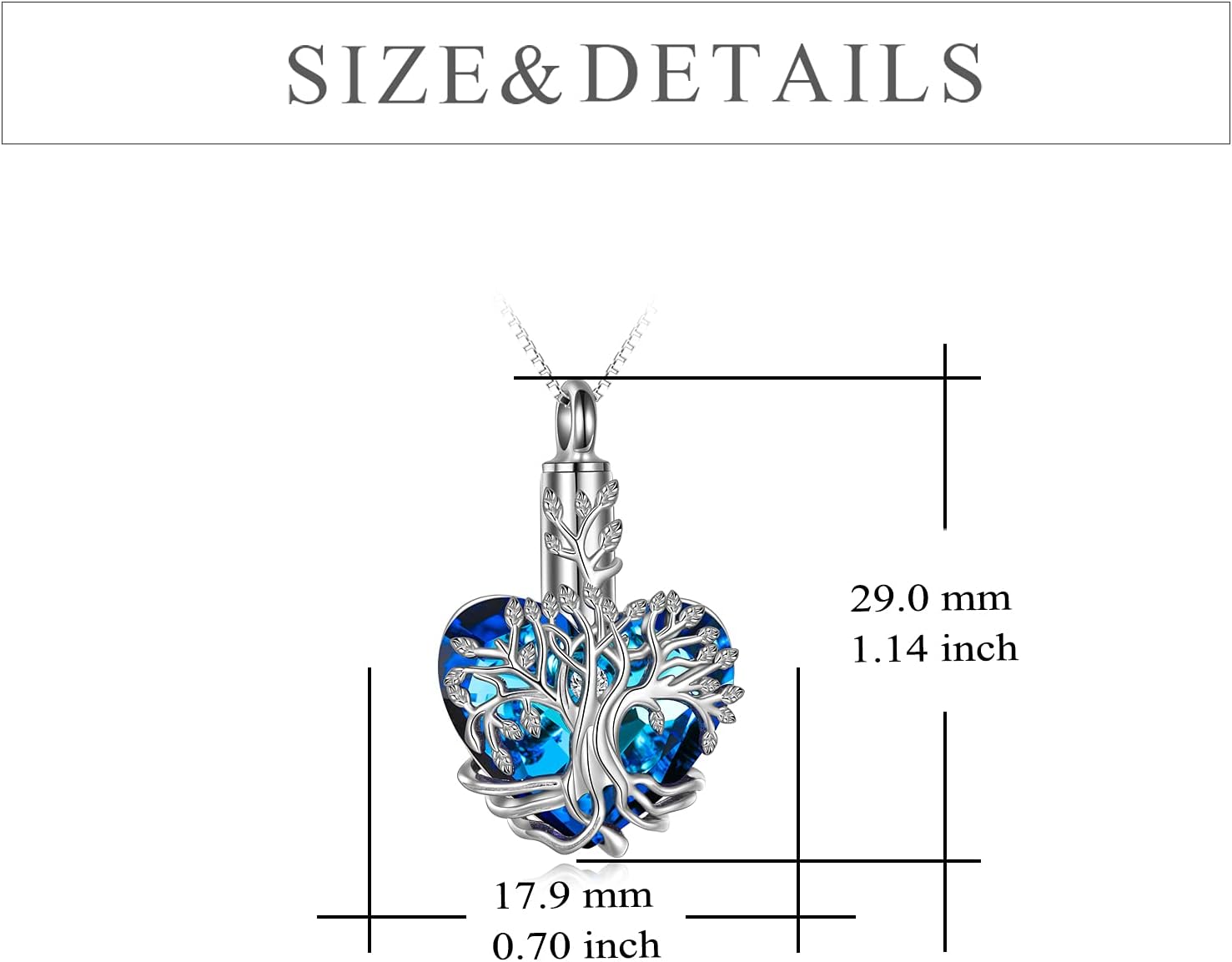 YFN Tree of Life Urn Necklace for Ashes Heart Cremation Jewelry Sterling Silver with Blue Crystal with Funnel Filler Jewelry Gifts for Women