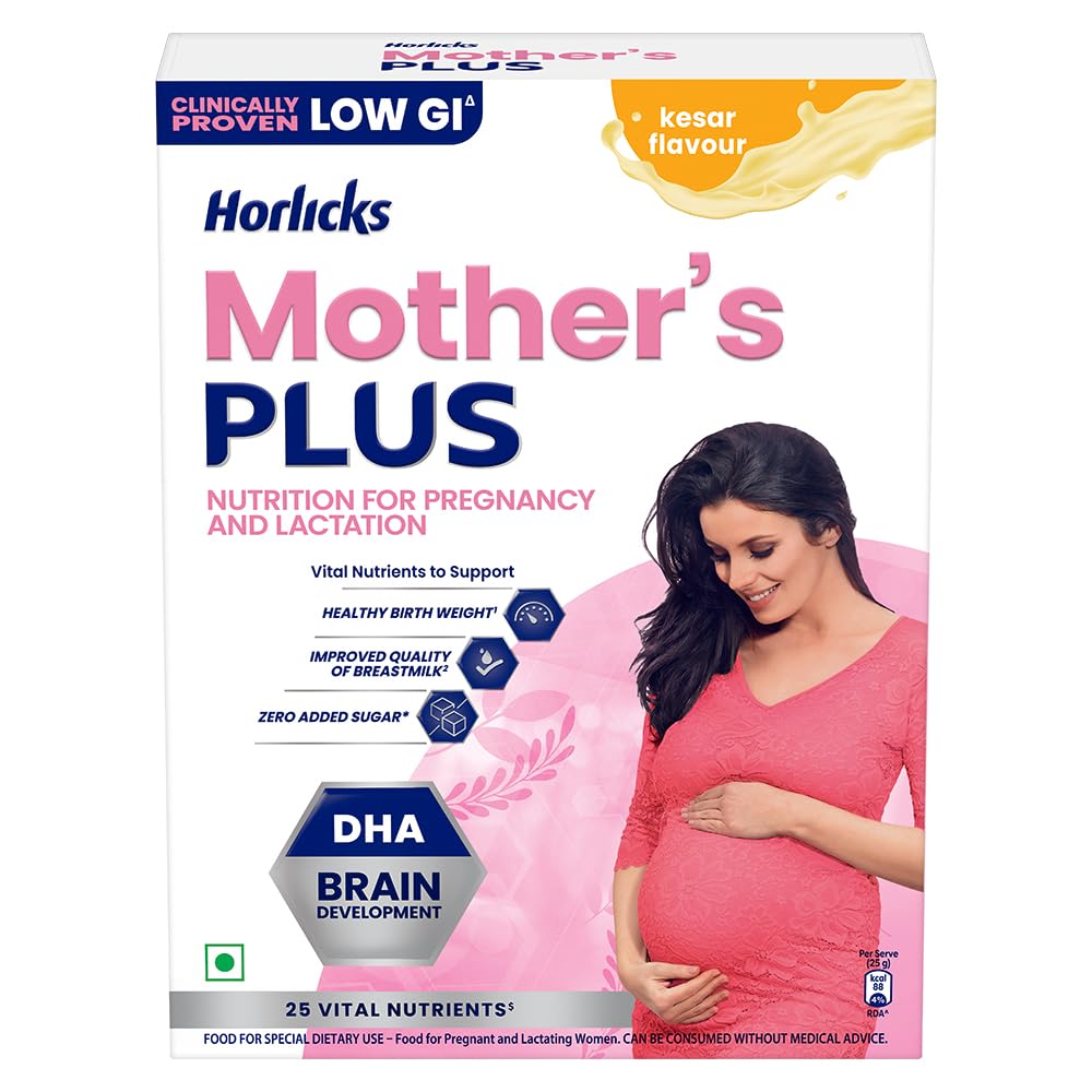 Horlicks Mother's Plus Kesar 400g Refill, No Added Sugar | Protein Powder for Pregnancy, Breastfeeding | Health Drink with DHA for Brain Development