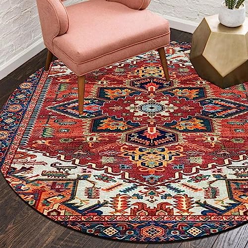 Tapis rond géométrique rétro rouge 120 cm antidérapant moderne