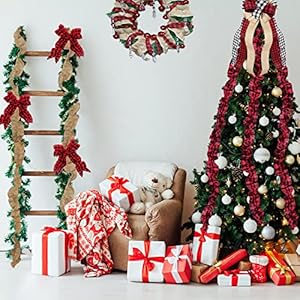 Jishi christmas tree ribbon garland buffalo plaid christmas decorations 9 ft x 6 rolls red and black buffalo check fabric tree ribbon garland vintage farmhouse country rustic xmas holiday home decor  urban country home decor
