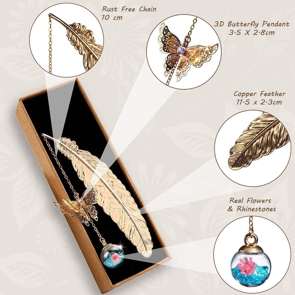 Supvox® Metal Feather Bookmark, Vintage Feather Butterfly Bookmark with Glass Beads Pendant for Reading Enthusiasts and Gifting, Bookmark Gift for Teachers Women Student (Blue)