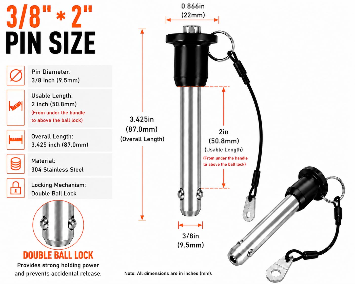 3/8" × 2" DAKONIX True Inch Size Double Ball Lock Quick Release Pin, 304 Stainless Steel with Ring Handle & Lanyard, Exact US Standard Fit for Marine, Trailer, ATV & Industrial Equipment